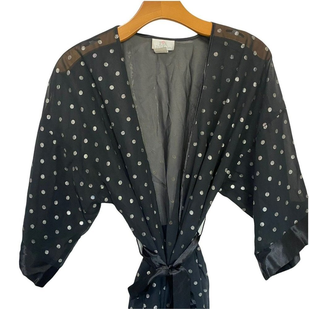 L.A. Intimates Satin Floral Medium Robe Dotted Sheer Black Gold Dots USA